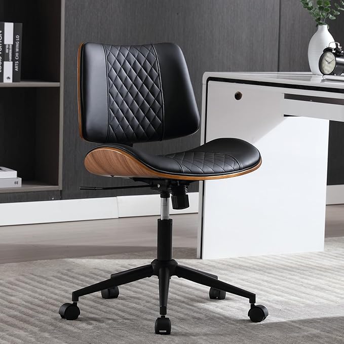 Home Office Chair No Arms with Wheels, Adjustable Height Small Desk Chair, PU Leather Mid Back 360 Swivel Computer Chair, Armless Modern Walnut Chair for Office, Reading Meeting Room(Black)