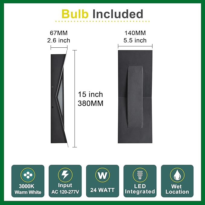 Modern Dimmable LED Up Down Wall Light, CRI 90+, 2200LM 3000K, IP65 Waterproof