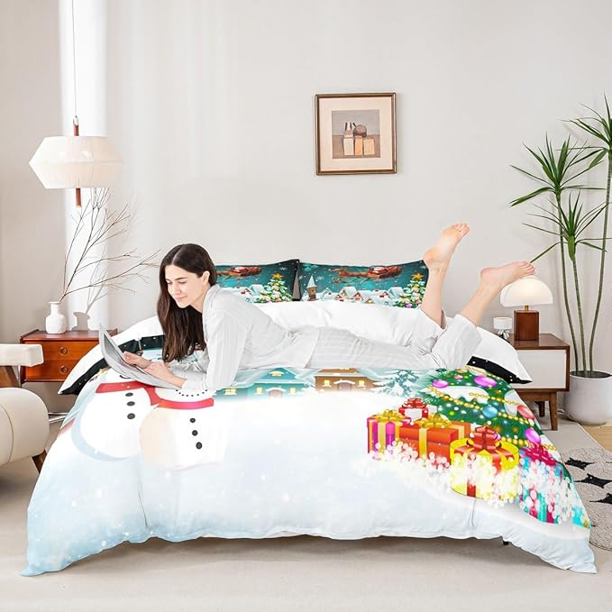 Manfei Christmas Duvet Cover Set Queen Size, Xmas Tree Snowman Bedding Set for Kids Boys Girls, Santa Claus with Reindeer Comforter Cover New Year Theme Quilt Cover with 2 Pillowcases, No Comforter