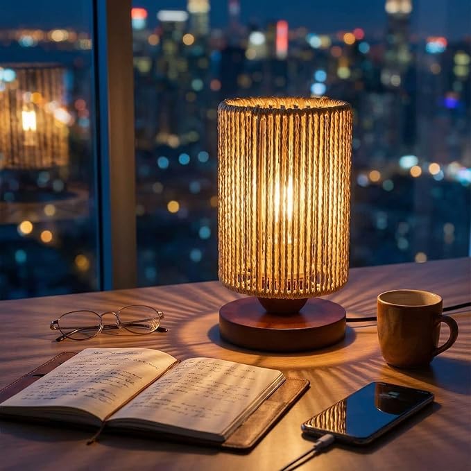 Small Rattan Table Lamp for Bedroom, Boho Bedside Lamp