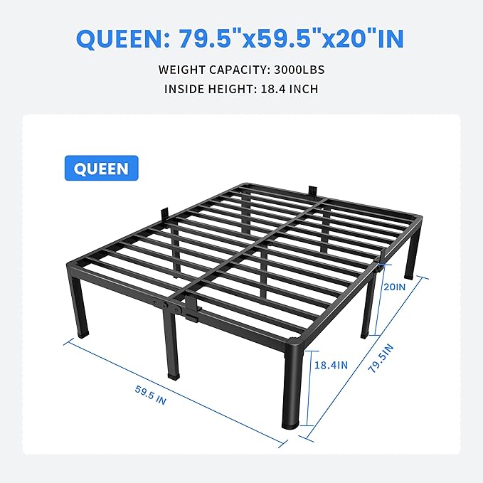 MAF 20 Inch Queen Size Bed Frame with Round Corner Legs Mattress Slide Stopper No Box Spring Needed Heavy Duty Metal Platform Bed Frames Under-Bed Storage Space, 3000 LBS Steel Slats Support