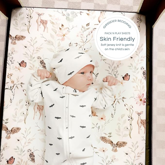 Pack n Play Sheets FItted 2 Pack, Stretchy Ultra Soft Jersey Knit Pack and Play Sheets, Universal Fitted Portable/Mini Crib Mattresses Snug and Safe, Beautiful Blush Pink Floral and Cute Animals Print