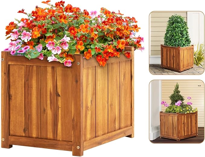 Idzo Hardwood Outdoor Flower Box, Durable Acacia Wood Flower Boxes for Outdoor Plants with Ergonomic Handles, Drainage Holes, Multiple Sizes Wood Bucket Planter for Home Decor, 1pcs