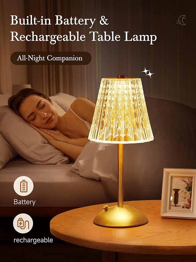 Cordless Lamp, Crystal+Dimmable+3 Colors Rechargeable Lamp, Touch+2000mAh