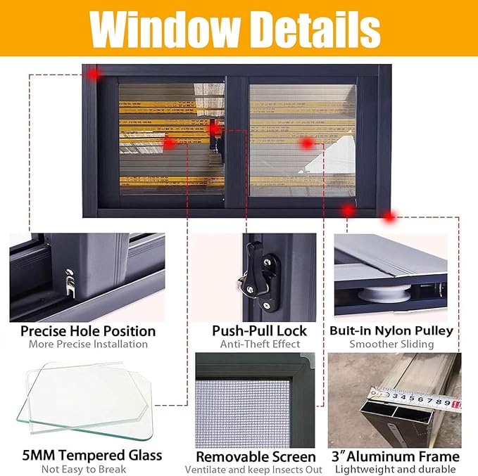 40x25in 36x16in 20x12in Window for Houses, Basement Replacement Windows Aluminum Sliding Window White/Black for Bathroom/Shed/Chicken Coop(Black,31x25in)