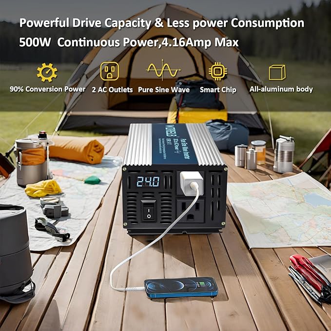 WZRELB 500W Pure Sine Wave Inverter 24V DC to 110V 120V AC Power Converter with LED Display, Off-Grid Portable Power Inverter with 2 AC Outlets for Home, RV, Truck, Camping
