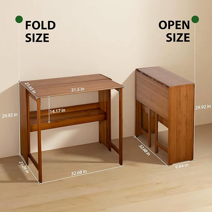 31.5" Bamboo Folding Desk,Space-Saving Computer Desk for Small Spaces, Foldable Study Table for Bedroom, Home Office, Dorm, Apartment（Brown