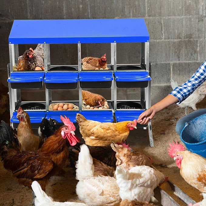 [8-Pack] Chicken Nest Box for Hens - Galvanized Steel Wall-Mounted or Freestanding Chicken Nest with Ventilation Holes - Poultry Nest Box with Legs for Egg Laying (Blue)
