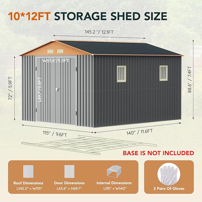 10x12x7.4FT Multi-Used Shed & Outdoor Storage Shed with Lockable Doors, Windows and Vents, Extra Large Metal Tool Shed for Garden, Backyard, Patio, Utility, and Various Storage Shed(Matte Gray)