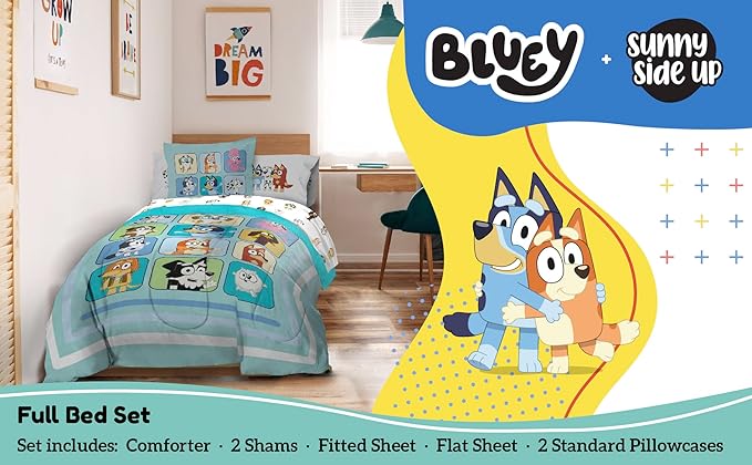 Sunny Side Up Bluey & Friends Full Comforter Set - 7 Piece Kids Bedding Includes Comforter, Sheets & Pillow Cover - Super Soft Microfiber Bed Set