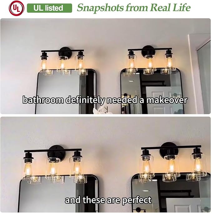 3-Light Bathroom Light Fixtures, 17.23" Black Modern Vanity Lights