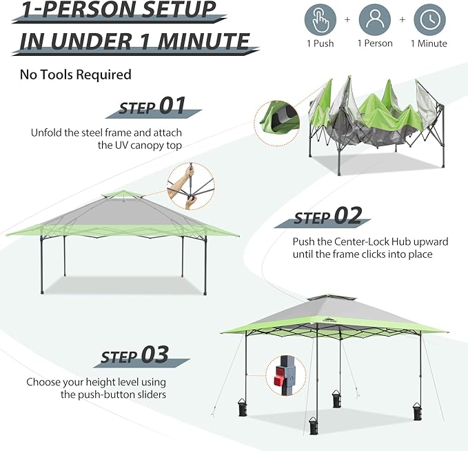 EAGLE PEAK 13x13 Straight Leg Pop Up Canopy Tent Instant Outdoor Canopy Easy Single Person Set up Folding Shelter w/Auto Extending Eaves 169 Square Feet of Shade (Gray)