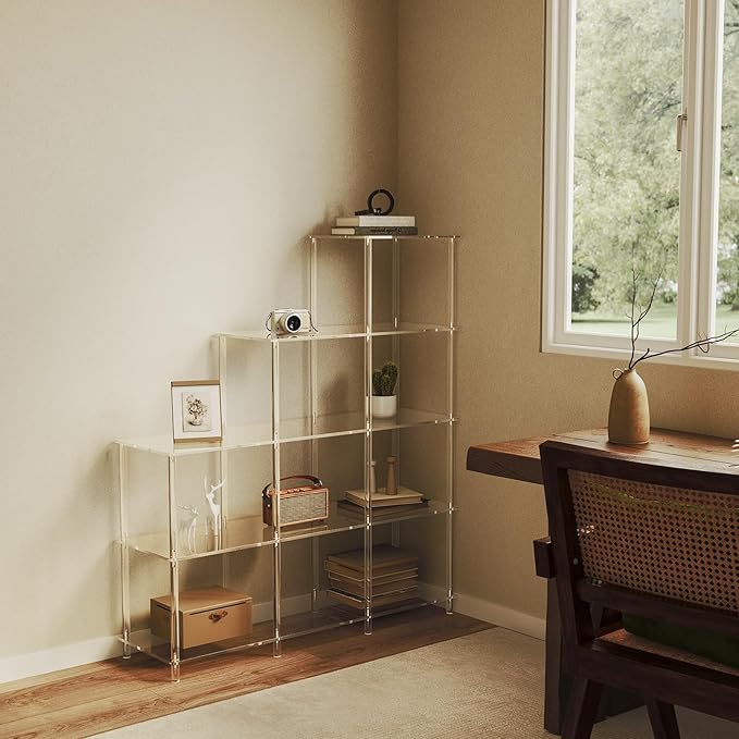 5-Tier Acrylic Bookshelf, 9 Cube Bookcase, Clear Open Stepped Book Shelf for Home Office, Living Room, Bedroom, Easy Assembly, 11.8" D x 40.6" W x 46.1" H