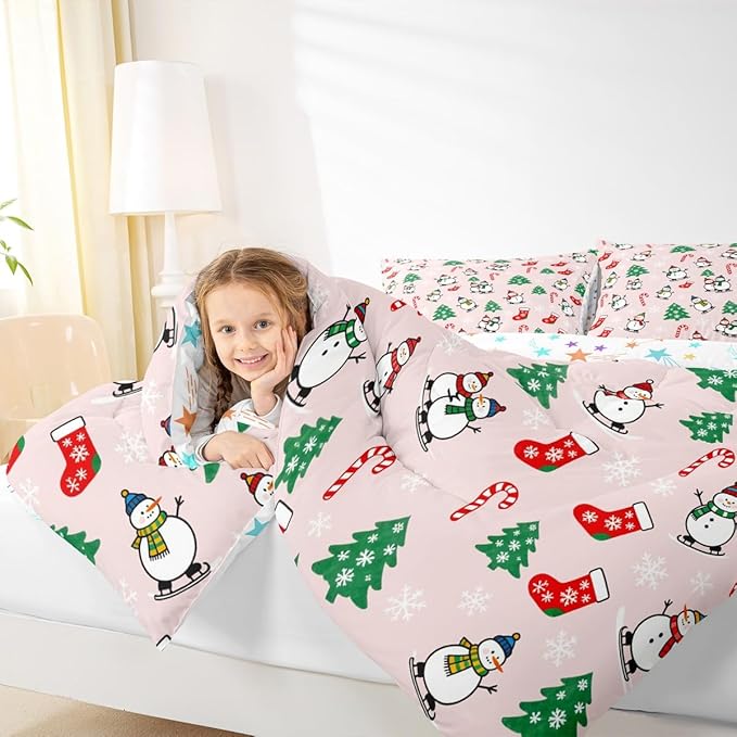 Feelyou Pink Christmas Comforter Set Queen Size Snowman Bedding Set for Kids Boys Girls Snowflake Duvet Quilt Xmas Tree Bedroom Decor Microfiber 3 Pcs with 2 Pillow Cases