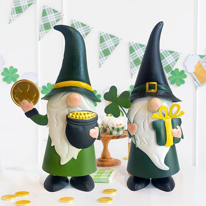 HONGLAND St. Patricks Day Decorations Outdoor Green Gnomes, Metal Gnomes Figurine Irish Leprechaun St Patricks Day Decor, Luck Shamrock Gnome for Home Outside Garden Lawn Party Yard Patio (14 INCH)