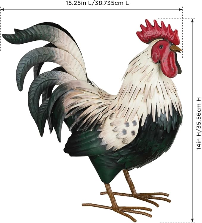 Regal Art & Gift Handcrafted Metal Rooster Statue, Weather-Resistant Farmhouse Yard Art, Indoor/Outdoor Garden Sculpture, Detailed Feather Design, Decorative Bird for Home & Garden, Verde, 14" Height