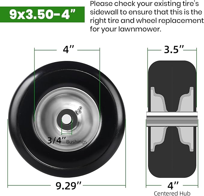 (4-Pack) 9x3.50-4” Flat Free Lawnmower Tire with 4" Centered Hub, 3/4" Bushings and Wheel Assemblies - PU Tire on Wheel and Adapter Kits