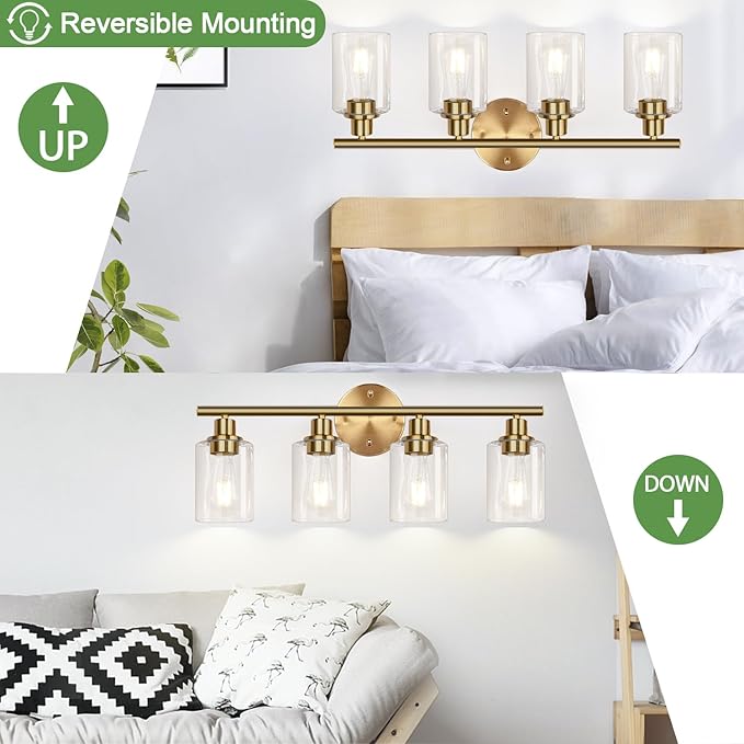 4-Light Bathroom Light Fixtures, Brushed Gold Modern Vanity Lights Over Mirror