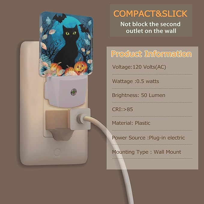 Cat Night Light, Halloween Black Cat Bat Pumpkins Night Lights Plug into Wall
