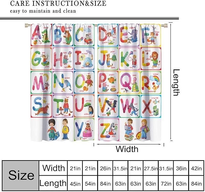 Kids Alphabet Curtains Cartoon Animal Funny Education Learning Curtain with Rod Pocket for Bedroom Nursery Children Toddler Decor Drapes Window Treatments 2 Panels Set 63" W X 63" L