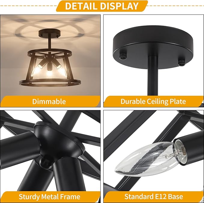 12.59" Black Semi Flush Mount Ceiling Light, 3-Light Modern Close to Ceiling