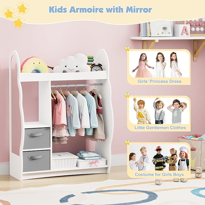 Kids Dress Up Storage Rack Mirror Wood Child Wardrobe 2 Hooks 2 Fabric Bins Toddler Closet Girls Boys Open Hanging Armoire Storage Shelf Coat Costume Hat Shoe (Cloud+White+Two Drawers)
