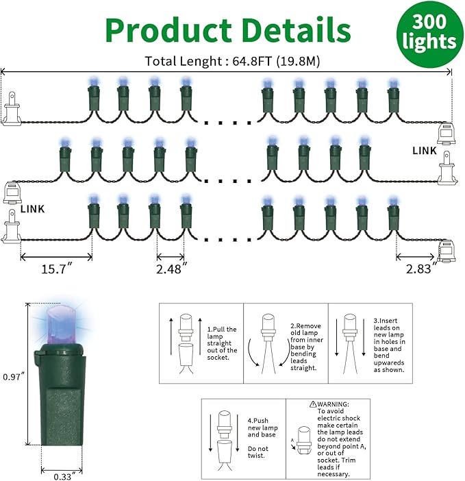 LAMPHOME Blue Wide Angle LED Christmas Lights, 64.8 Ft 300 Count