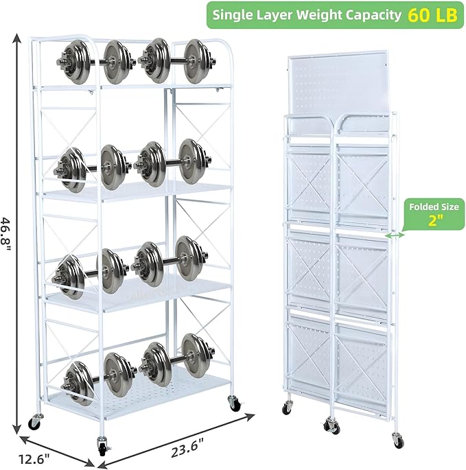 Foldable 4-Tier Metal Shelf with Wheels - Folding Bookshelf Unit for Living Room, Kitchen, Study 12.6" D x 23.6" W x 46.8" H, Glossy White