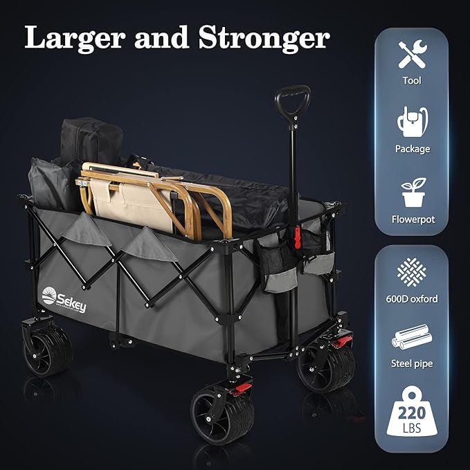 Sekey 220L Collapsible Foldable Wagon with 330lbs Weight Capacity, Heavy Duty Folding Utility Garden Cart with Big All-Terrain Beach Wheels & Drink Holders. Grey