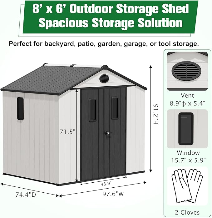 EAGLE PEAK 8x6 Resin Outdoor Storage Shed, Weatherproof Garden Shed with Floor & Lockable Doors, Tool & Equipment Storage for Backyard or Patio, White/Gray