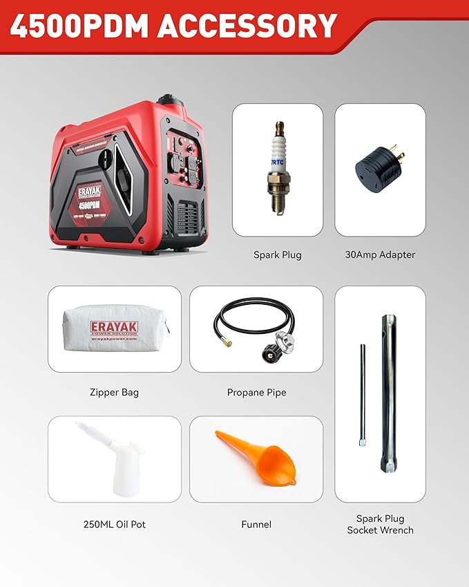 ERAYAK 4500W Dual-Fuel Portable Inverter Generator for Home Use, Camping Outdoor, 30A RV Ready, Auto Switch, Gas and Propane Powered, EPA, CO Sensor, Parallel Ready, Campact Design