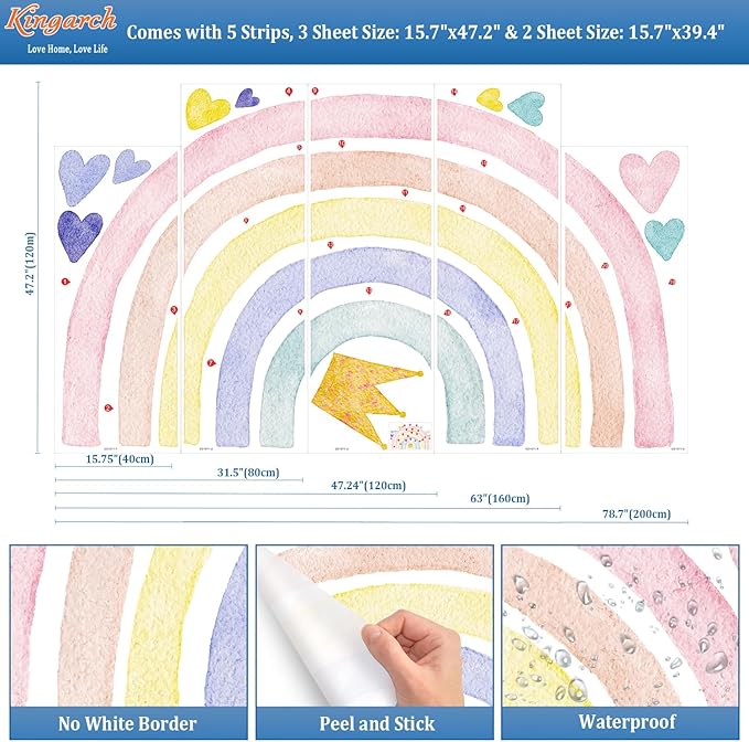 Large Watercolor Rainbow Wall Decals, Boho Queen Peel and Stick Fabric Nursery Wall Decor, Removable Home Room Wall Decor Murals Stickers for Kids Girls Toddler Bedroom Living Room Playroom