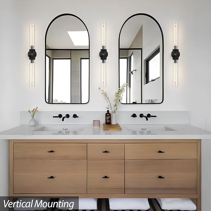 Modern 2-Light Black 30in Knurled Wall Sconces, Double Glass Sconces Wall