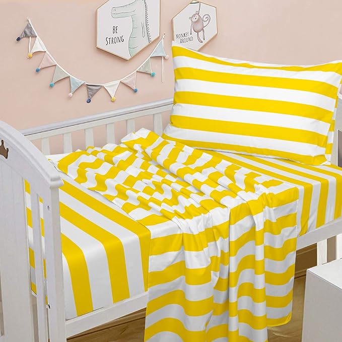 NTBAY Toddler Sheet Set - 3-Piece Microfiber Crib Sheet Set - Flat Sheet, Fitted Sheet, Pillowcase - Solid Toddler Bedding, Yellow and White Stripe