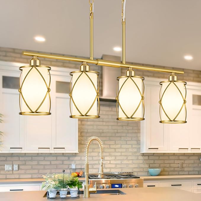 4-Light Kitchen Island Lighting, Brushed Gold Linear Dining Room Light Fixtures