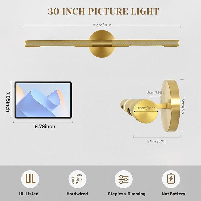 Hard-wired Knurled Picture Light, 30in Brass Picture Light
