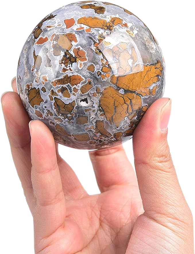 JIC Gem Yellow Agate Crystal Ball Sphere Geode Agate Ball Yellow Healing Crystal Gemstone Ball with Display Stand Home Decor Meditation Grid Energy Balance (70-80mm)