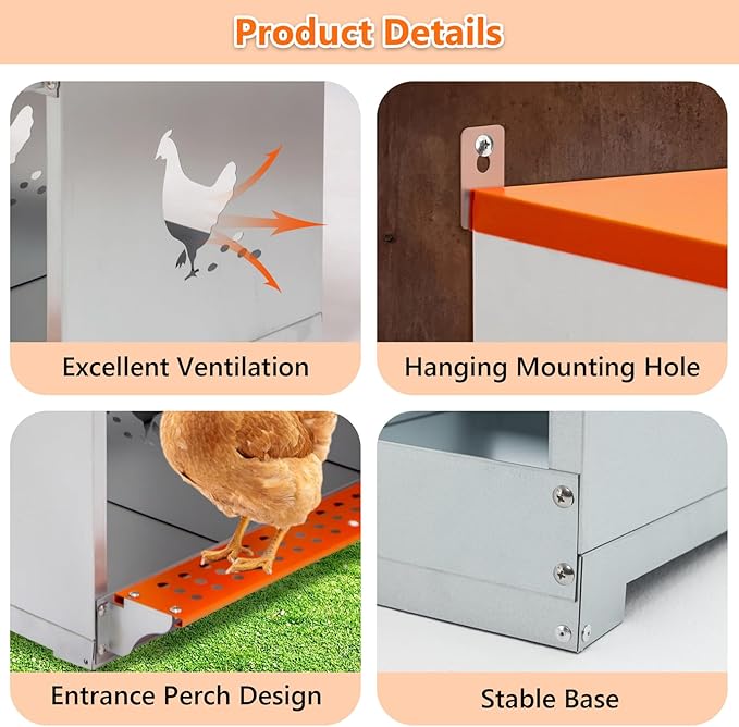 Chicken Nesting Box for Laying Eggs - 6 Room Chicken Laying Boxes, Nesting Boxes for Chickens, Heavy Duty Metal Chicken Coop (31.8" L x 17" W x 25" H)