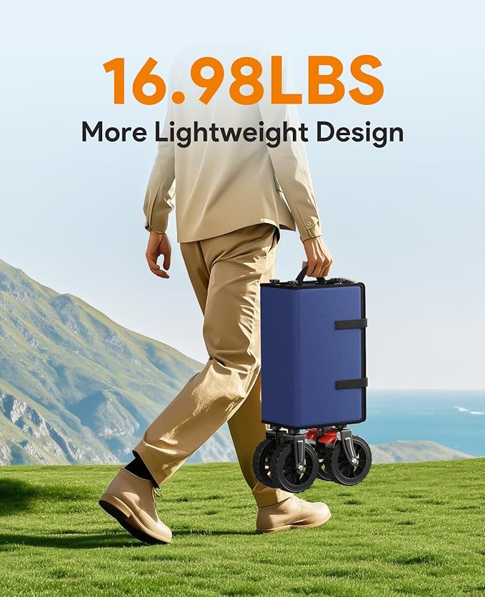 Wagon Carts Foldable, 180L Collapsible Foldable Wagon with 330lbs Weight Capacity, Heavy Duty Utility Cart with Drink Holders and Brakes for Beach Camping Shopping Sports Wheelbarrows, Blue