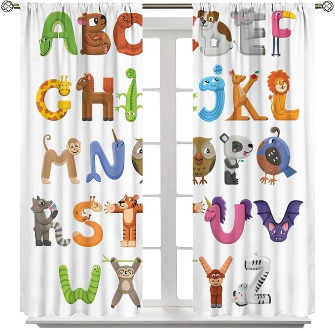 Kids Alphabet Curtains Cartoon Animal Baby Children Funny Learning Educational Curtain with Rod Pocket for Bedroom Nursery Decor Drapes Window Treatments 2 Panels Set 72x63in