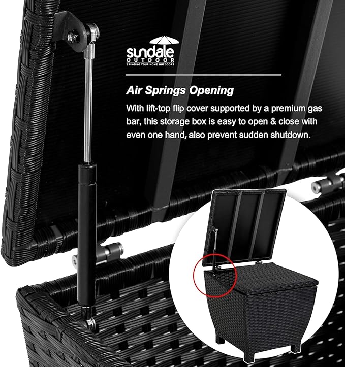 Sundale Outdoor Small Deck Storage Box with Lid, 13 Gallon Small Outdoor Bin Storage Container for Hose Cushions Towels, Patio Black Side Wicker Table with Storage-Steel, Rattan, Square