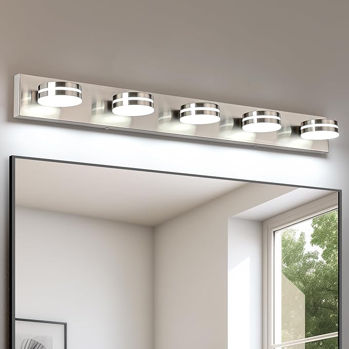 Brushed Nickel Bathroom Light Fixtures Over Mirror, 5-Light Bathroom Vanity