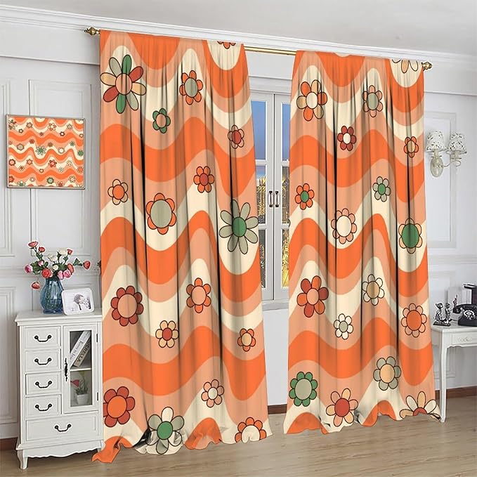 70s Boho Retro Curtains for Bedroom,Groovy Vintage Floral Rainbow Window Treatments Drapes for Kids Girls Window 55"" W X 63"" L, Style-6