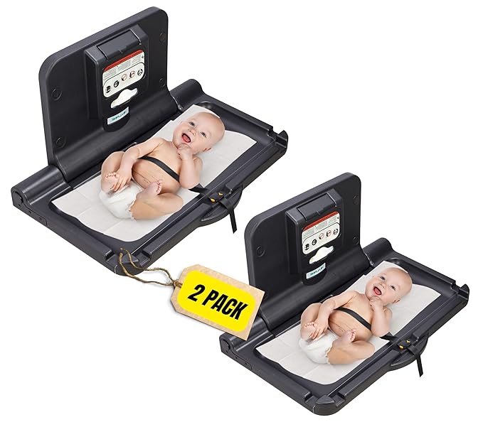 Alpine Wall Mounted Baby Changing Station 2 Pack - Horizontal Baby Changing Table Foldable Diaper Tables with Safety Strap for Commercial Bathroom, ADA Complaint (Hardware Included) Black