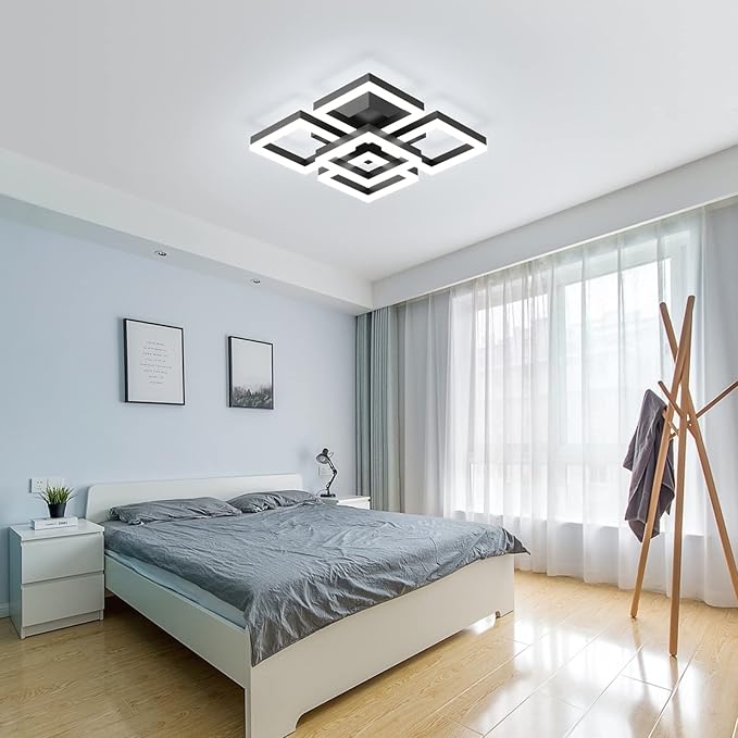 GEADI Modern LED Ceiling Light, 64W Dimmable Black Flush Mount Light 5-Square