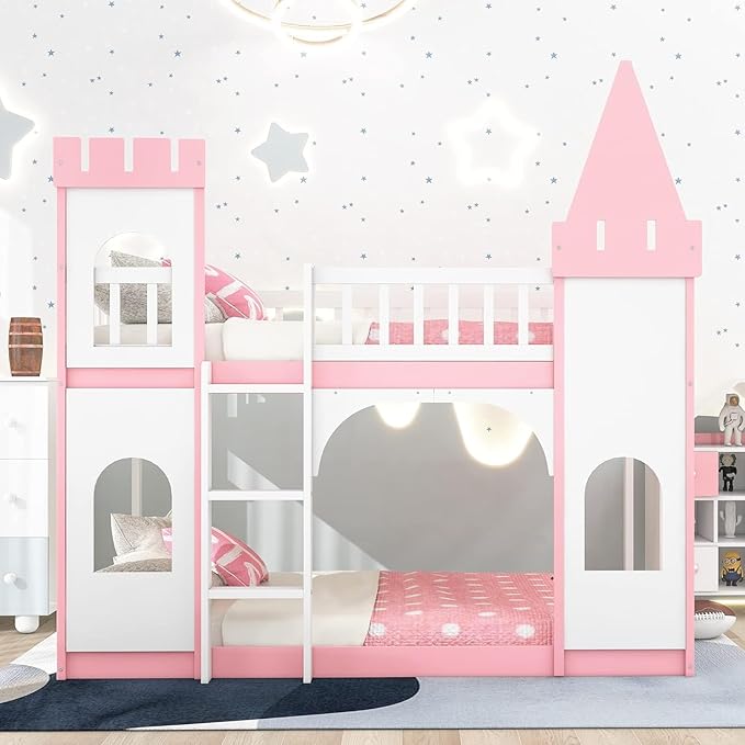 MERITLINE Twin Over Twin Castle Bunk Bed with Ladder,Solid Pine Wood Floor House Princess Bunk Bed Pink