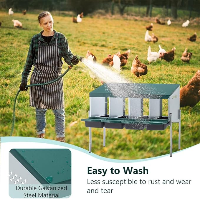 4-Compartment Chicken Nesting Box with Roll-Away Egg Tray – Galvanized Steel Wall-Mount or Freestanding Hen Laying Box with Legs, Easy-Clean Tray – Durable Nest Box for Chickens, Ducks, Hens