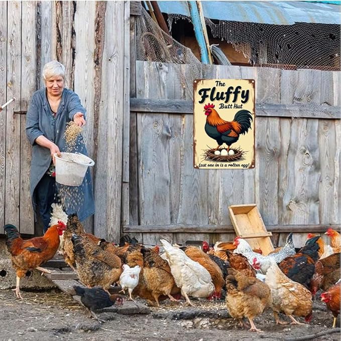 Fluffy Butt Hut Chicken Sign 12x8 Inch Outdoor Decor with Funny Farmyard Saying Last One in is A Rotten Egg for Yard Patio Farmhouse