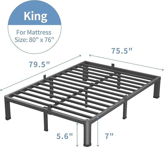 7 Inch King Size Bed Frame, 3500Lbs Heavy Duty Metal Platform with Round Corner Legs Mattress Slide Stopper, Steel Slat Support No Box Spring Needed, Noise Free, Non-Slip, Easy Assembly