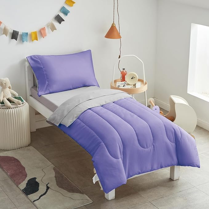 UOZZI BEDDING 4 Pieces Toddler Bedding Set Ultra Soft and Breathable Toddler Sheet Set - Includes Comforter, Flat Sheet, Fitted Sheet and Pillowcase - Purple & Gray